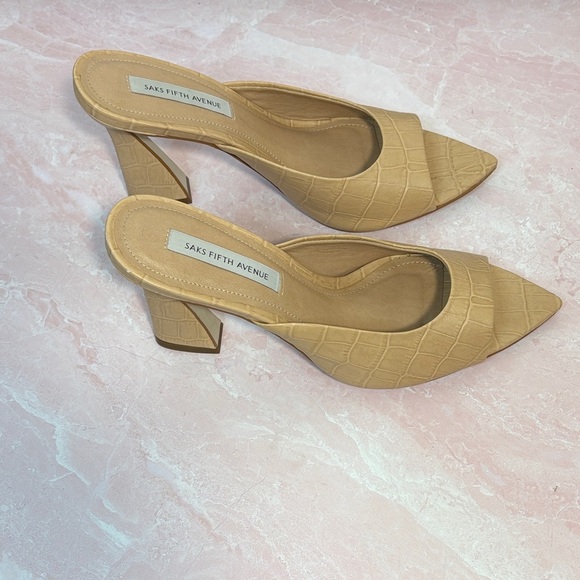 Saks Fifth Avenue Beige Croc-Embossed Mules - Picture 4 of 7